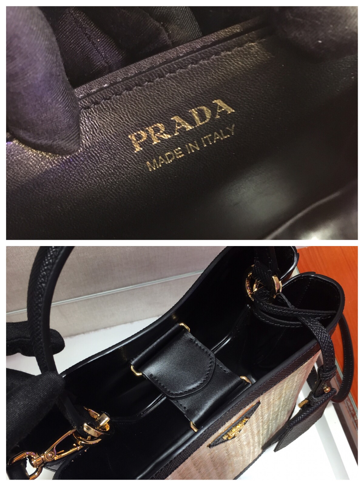 Prada Medium Panier Saffiano Leather And Weaving Materials Bag Tan/Black 1BA212